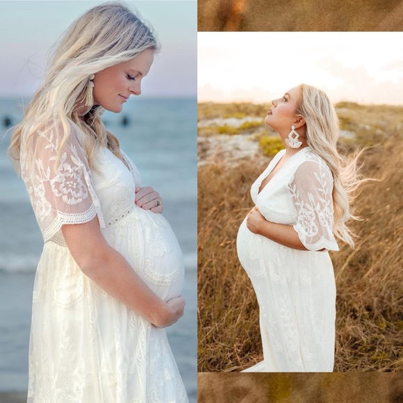 Pinkblush Maternity White Lace Overlay V Neck Maxi Dress - Picture 12 of 14